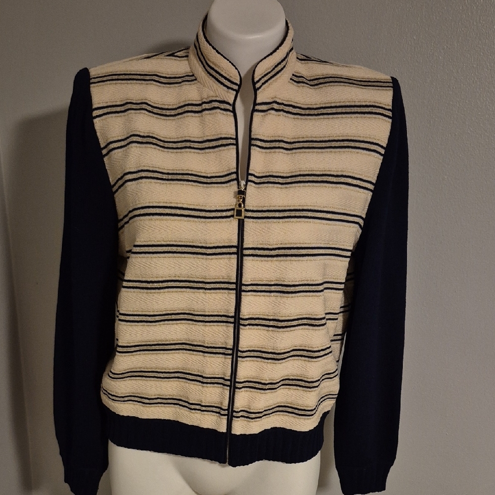 St. John Striped Navy and Cream Zipped Sweater